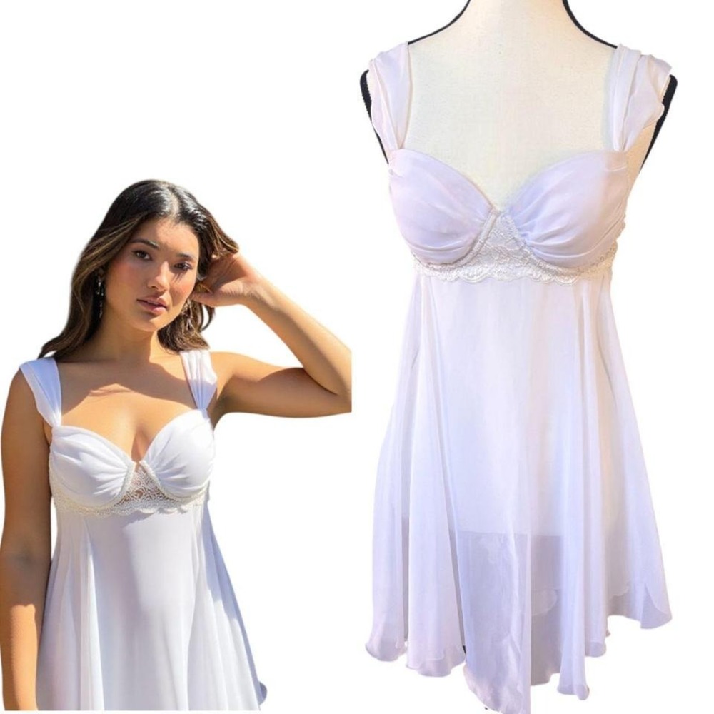 90'S‎ Y2K VINTAGE WHITE CHIFFON FAIRY BABY DOLL BLOUSE CAMI MINI DRESS MEDIUM - Picture 2 of 5
